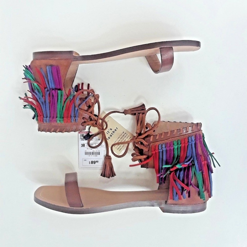 New Zara Leather Boho Summer Fringe Tassel 7.5 - Picture 3 of 8